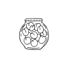 Doodle images of salting apricots, fruits in a jar. Vector for textile, web, print, gift wrapping. Autumn preparation of products for the winter.