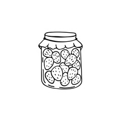 Doodle image of pickling strawberries in a jar. Vector for textile, web, print, gift wrapping. Autumn preparation of products for the winter.