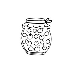Doodle images of cherries in a jar. Vector for textile, web, print, gift wrapping. Autumn preparation of products for the winter.