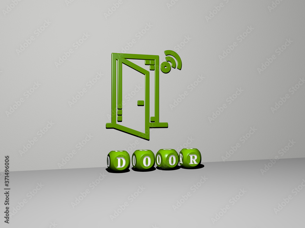 Poster door 3d icon on the wall and text of cubic alphabets on the floor - 3d illustration for architecture