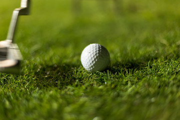 Golf ball on green grass ready to be struck