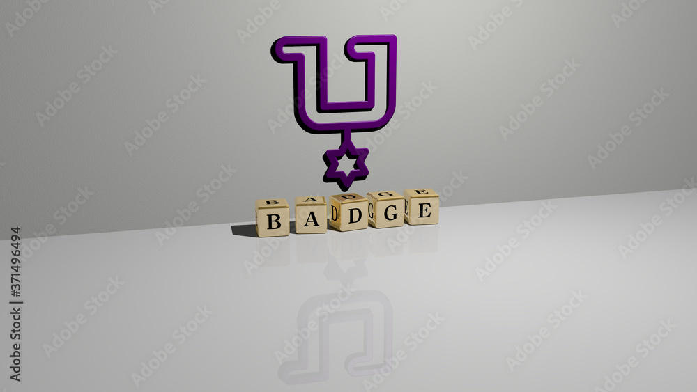 Poster badge text of cubic dice letters on the floor and 3d icon on the wall - 3d illustration for design a