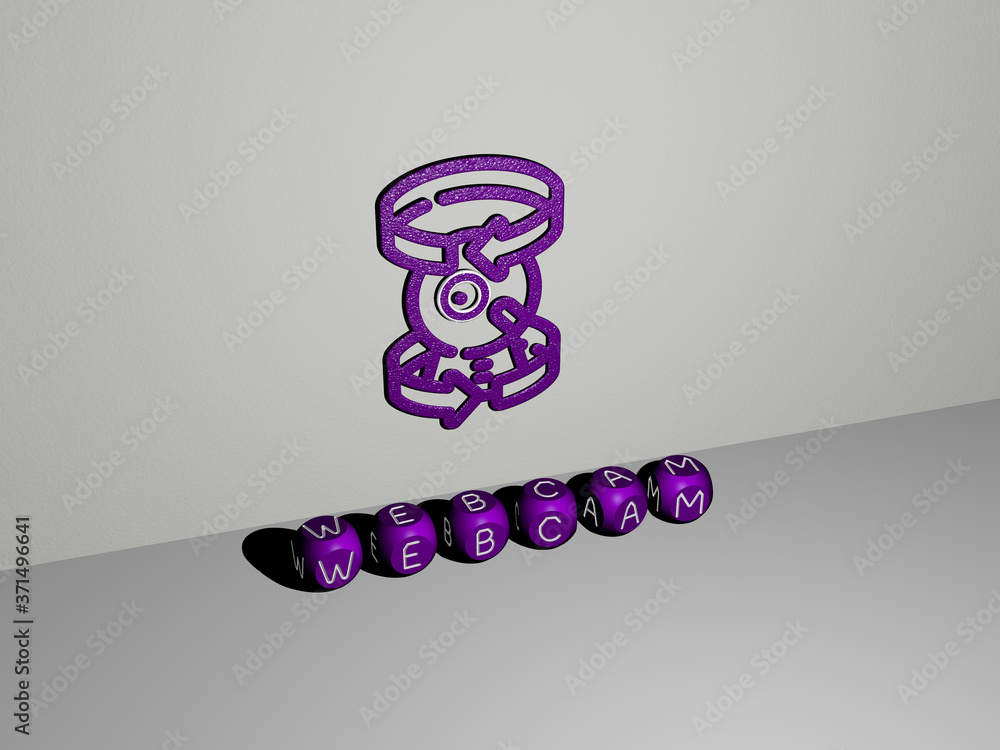 Poster 3d graphical image of webcam vertically along with text built by metallic cubic letters from the top