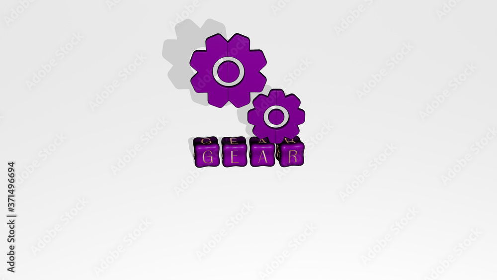 Poster gear 3d icon object on text of cubic letters - 3d illustration for background and concept