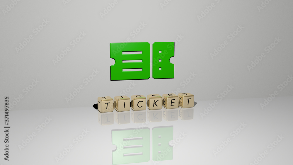 Poster ticket text of cubic dice letters on the floor and 3d icon on the wall - 3d illustration for backgro
