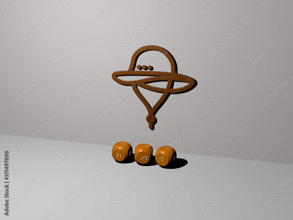 Poster 3d graphical image of hat vertically along with text built by metallic cubic letters from the top pe