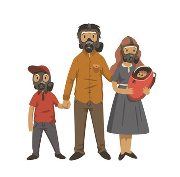 Modern Family, Parents And Children In Gas Masks. Environmental Problems, Air Pollution. Flat Vector Illustration. Isolated On White Background.