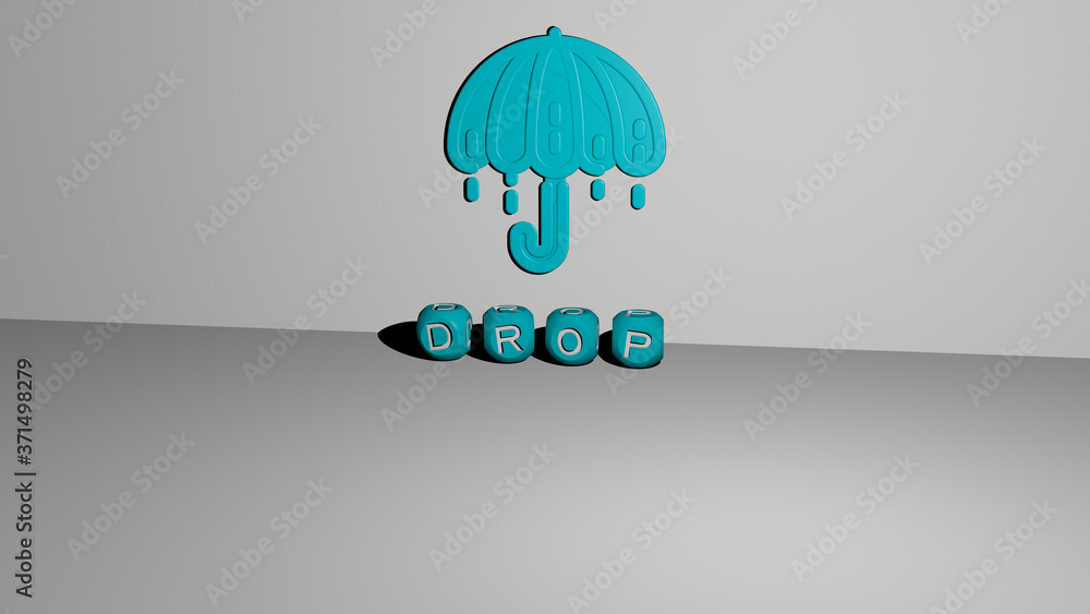 Poster drop 3d icon on the wall and text of cubic alphabets on the floor - 3d illustration for background a