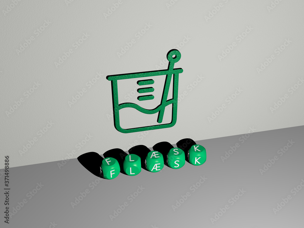 Aufkleber 3d illustration of flask graphics and text made by metallic dice letters for the related meanings of