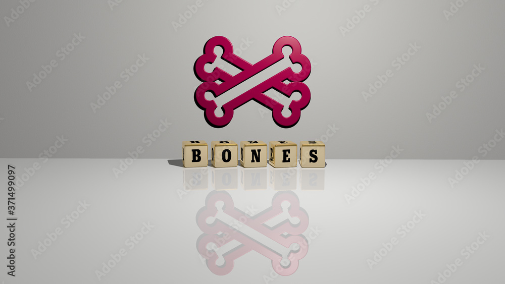 Poster bones text of cubic dice letters on the floor and 3d icon on the wall - 3d illustration for backgrou