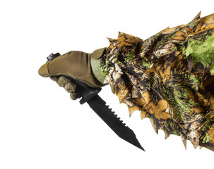 First person view hunter hand in camouflated suit with knife.