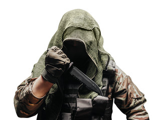 Fully equipped soldier in tactical net scarf, multi-camouflaged military shirt with knife, reverse...