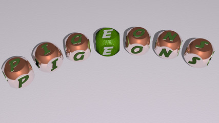 PIGEONS text of dice letters with curvature - 3D illustration for bird and city