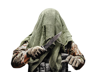 Fully equipped soldier in tactical net scarf, multi-camouflaged military shirt with knife.