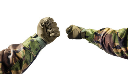 First person view soldier arms in gloves and camouflages shirt.
