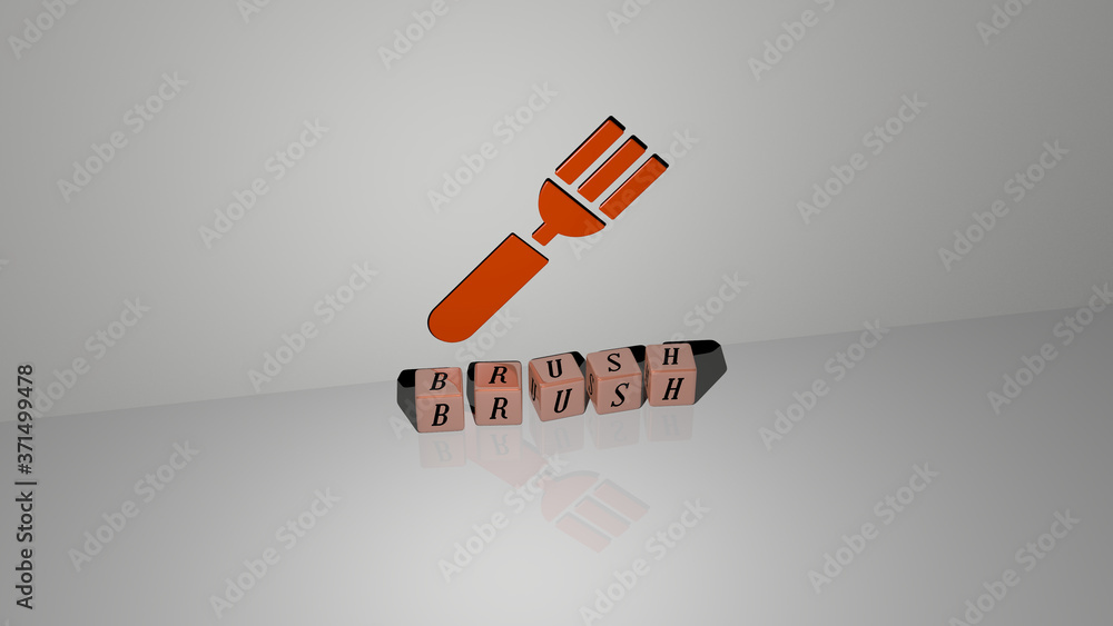 Poster brush text of cubic dice letters on the floor and 3d icon on the wall - 3d illustration for backgrou