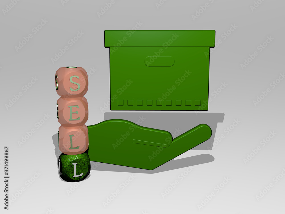 Poster 3d representation of sell with icon on the wall and text arranged by metallic cubic letters on a mir
