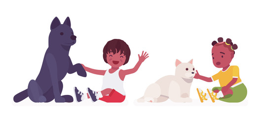 Toddler children, black little boy and girl play with dog friend, cat pet. Cute sweet happy healthy baby aged 12 to 36 months, wearing comfortable kid clothes. Vector flat style cartoon illustration