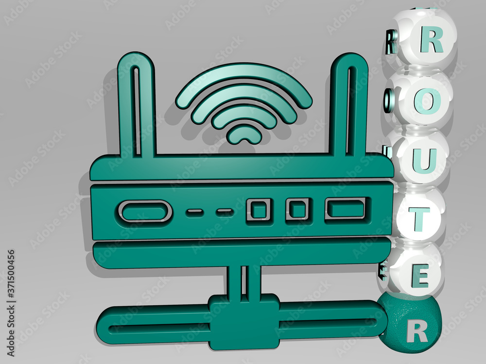 Poster router 3d icon beside the vertical text of individual letters - 3d illustration for internet and con