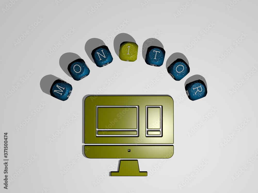 Poster monitor icon surrounded by the text of individual letters - 3d illustration for computer and backgro