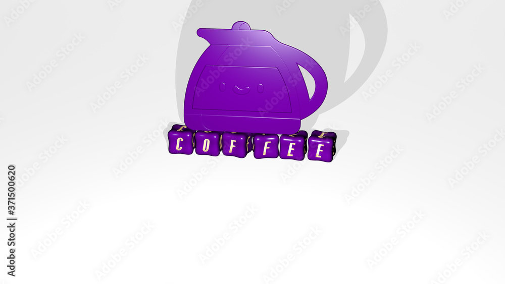 Poster coffee 3d icon object on text of cubic letters - 3d illustration for background and cup