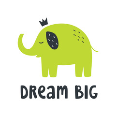 Cute vector illustration with green elephant with little crown and text lettering 