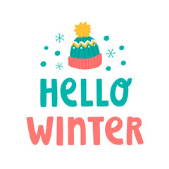 Cute vector illustration with knit green cap, snowflakes and text lettering 