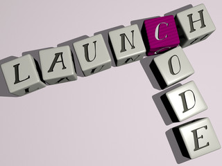LAUNCH CODE crossword by cubic dice letters - 3D illustration for rocket and space