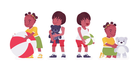 Toddler children, black little boy and girl enjoying playing with a ball, teddy bear. Cute sweet happy healthy baby aged 12 to 36 months, wearing kid clothes. Vector flat style cartoon illustration