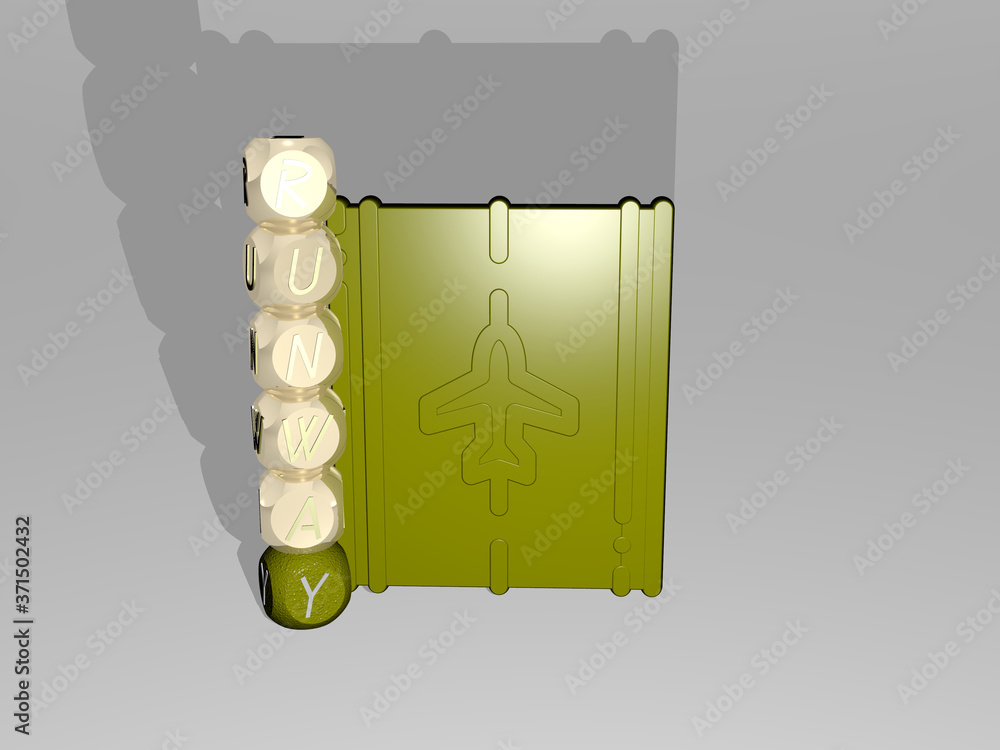 Poster 3d illustration of runway graphics and text around the icon made by metallic dice letters for the re