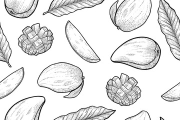 nahtloses Muster von Mango in Scheiben geschnitten und ganz, Vektor, Gravurstil