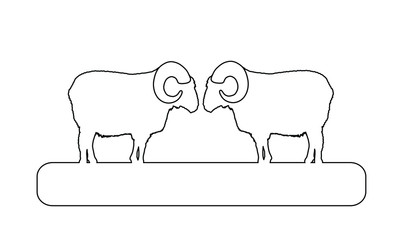 Two bighorn rams on chump fighting vector line contour illustration isolated on white background. Angry and stubborn animal battle. Rams sheep conflict over the wooden bridge.