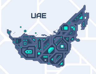 Abstract futuristic map of UAE. Mechanical circuit of the country. Technology space background.