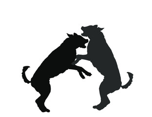 Fototapeta na wymiar Aggressive dogs fighting vector silhouette isolated on white background. Rabies dog battle.