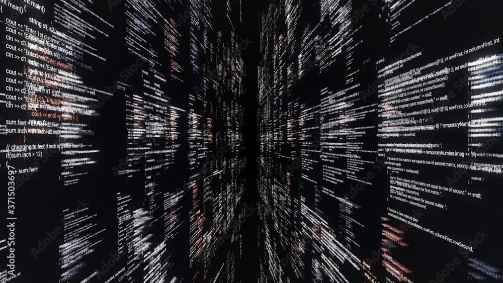 Poster source code walls on black background. animation. dive into cyberspace with walls of source code on 