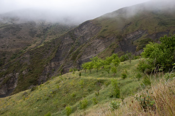 the fog descent on Montenegro mountain rocks. Fog descends from the mountains in cloudy weather.