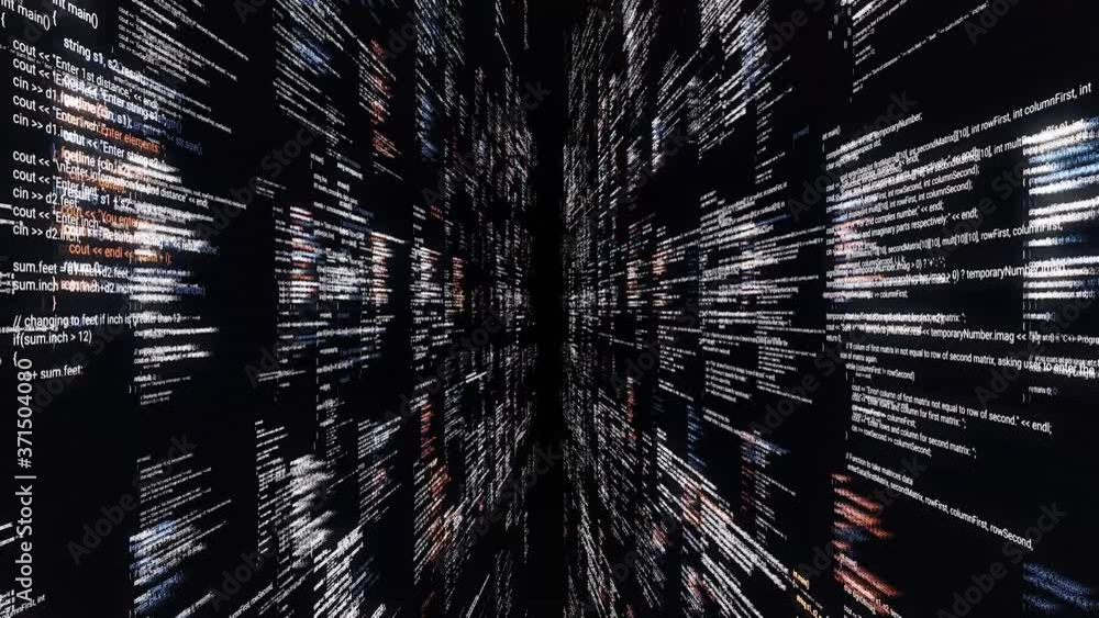 Poster source code walls on black background. animation. dive into cyberspace with walls of source code on 