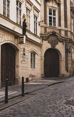 Fototapeta na wymiar Prague, Czech Republic - August 1, 2020, old buildings in art nouveau style on the tourist streets of Prague