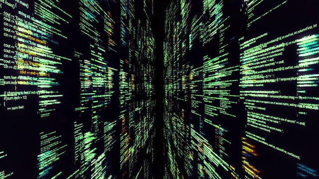 Source codes in cyberspace on black background. Animation. Inside software or matrix with 3D walls of source code. Dipping into matrix through passageway from source codes