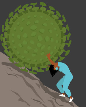 A health care professional struggling to hold a giant virus rolling downhill, EPS 8 vector illustration