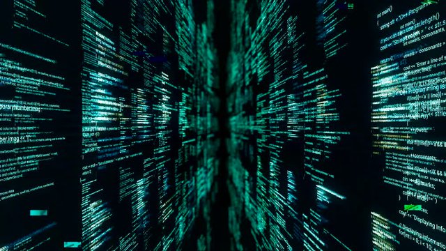 Source codes in cyberspace on black background. Animation. Inside software or matrix with 3D walls of source code. Dipping into matrix through passageway from source codes