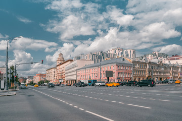 Beautiful summer view of Moscow with traffic on the Avenue