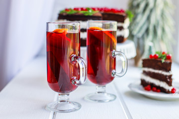 mulled wine in a glass aromatic winter drink wine and juice serving size beverage New Year's and Christmas natural product portion top view place for text copy space