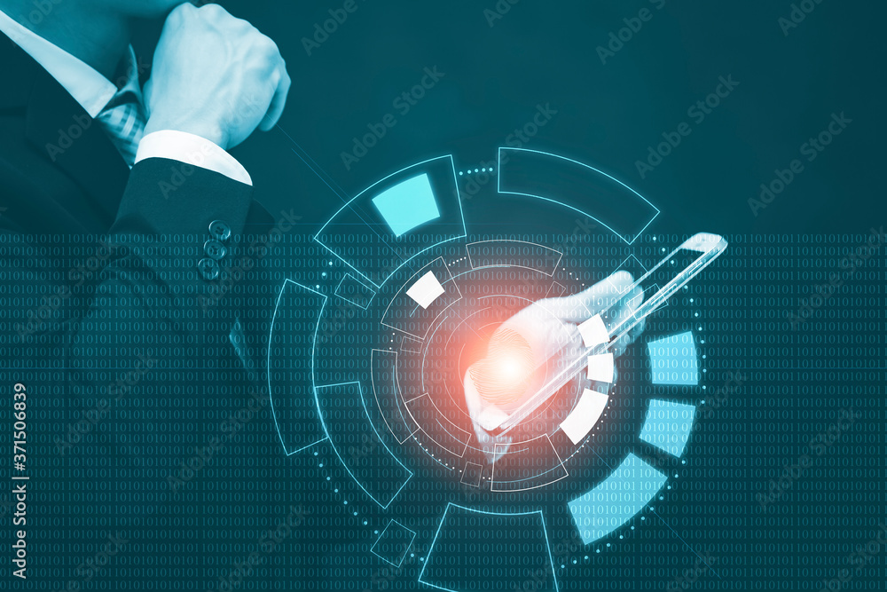 Poster businessman hacker hold smart phone and touching in graph screen code of a media screen on the white
