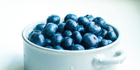 Close-up ceramic dish of foraged organic purple blueberries ripe berries picked in country garden orchard in Summer. All for home made jam making. White background.