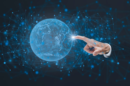 Businessman touch the earth icon in line graph Screen Icon of media screen,Technology Process System Business concept. - Powered by Adobe