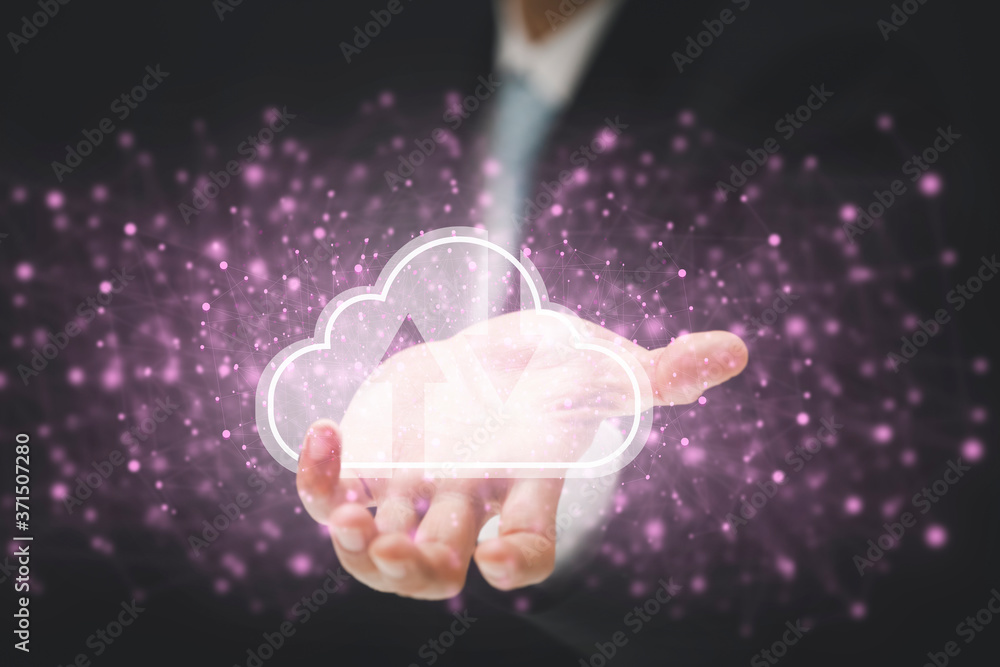 Poster businessman press cloud icon network and line control in graph screen icon of a media screen, cloud 