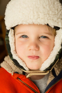 Caucasian boy wearing warm hat