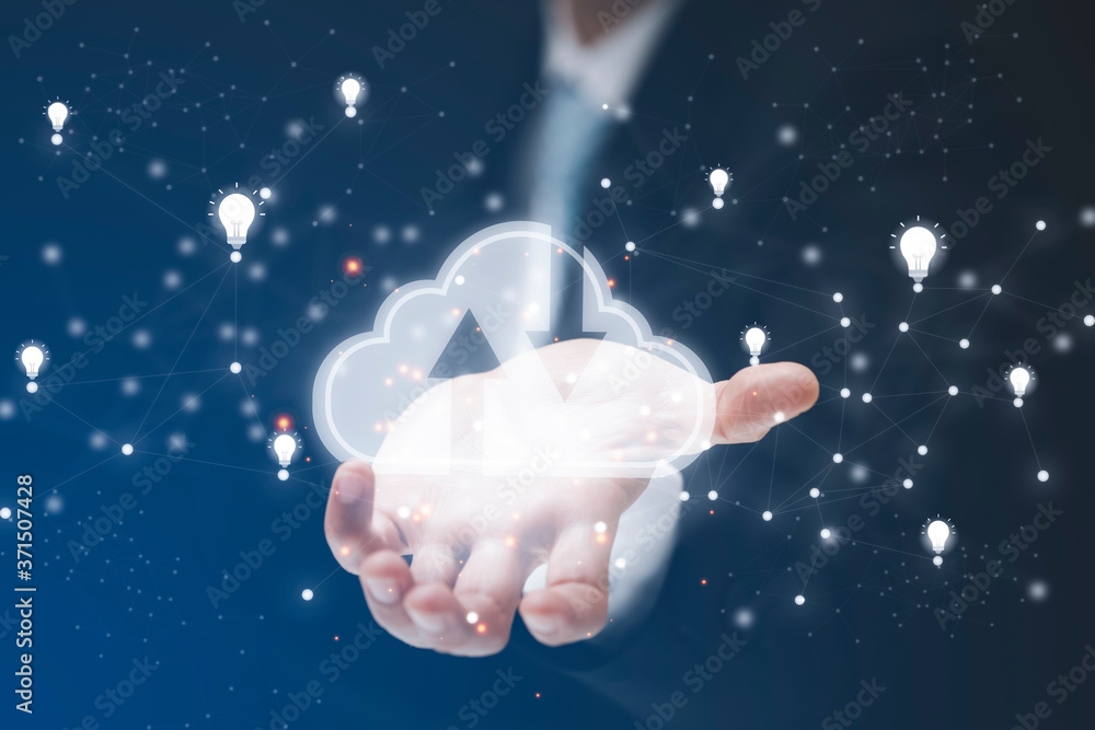 Poster businessman press cloud icon network and line control in graph screen icon of a media screen, cloud 