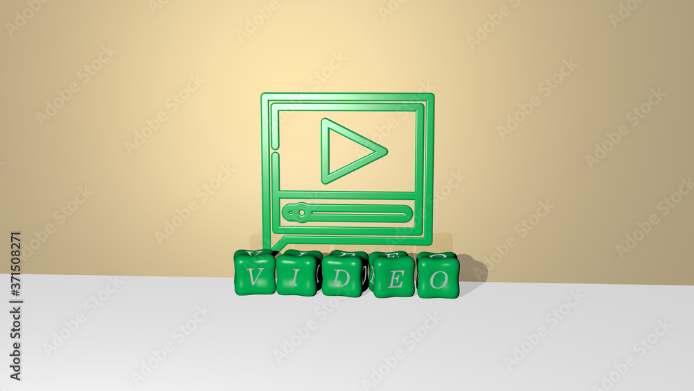 Poster 3d graphical image of video vertically along with text built by metallic cubic letters from the top 